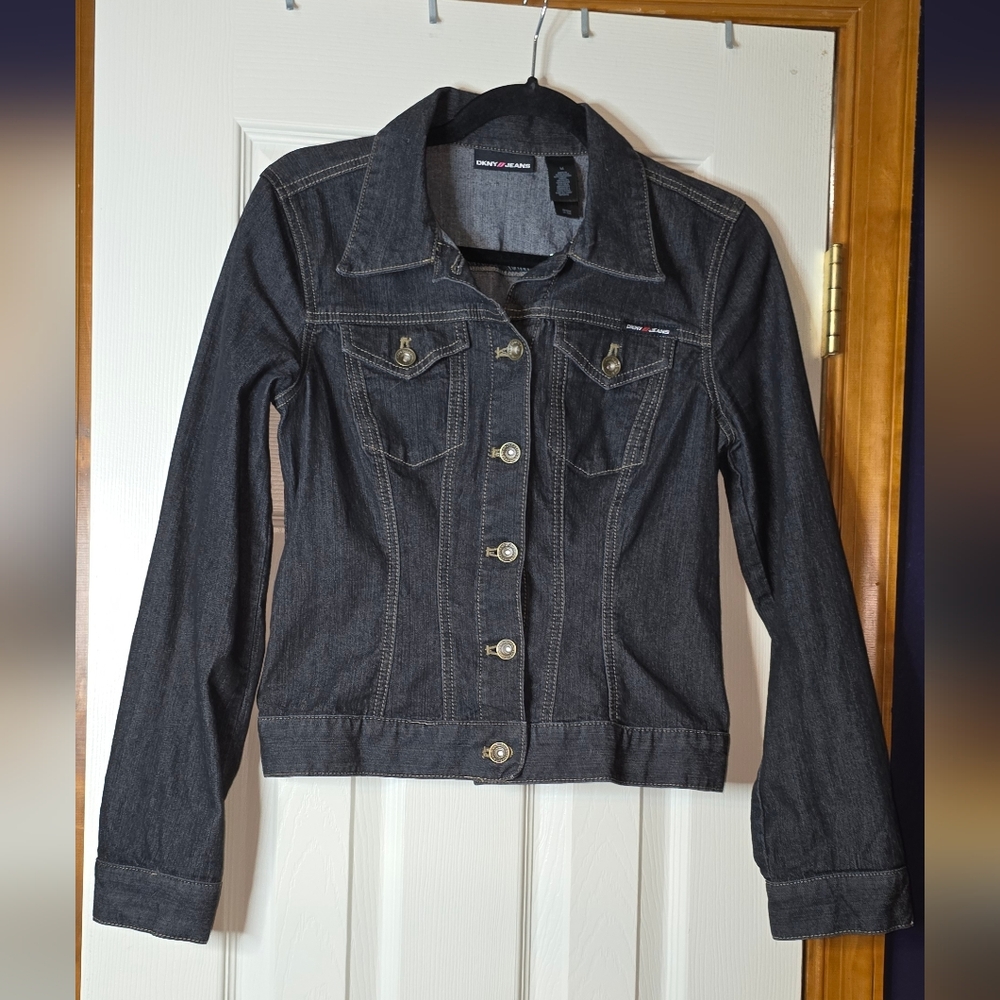 Women's M DKNY Denim Jacket Red Sequins Trendy Streetwear
